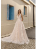 V Neck Ivory Lace Tulle Glitter Wedding Dress